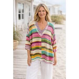 Sundance Johanna Sweater Medium Colorful Striped Cotton Boxy Coastal Boho Beach